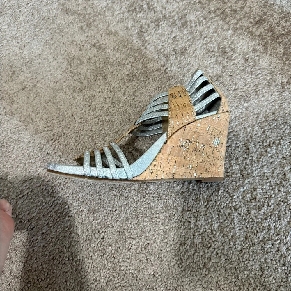 Donald J Pliner Silver Strappy Cork Wedge Sandals 8.5M